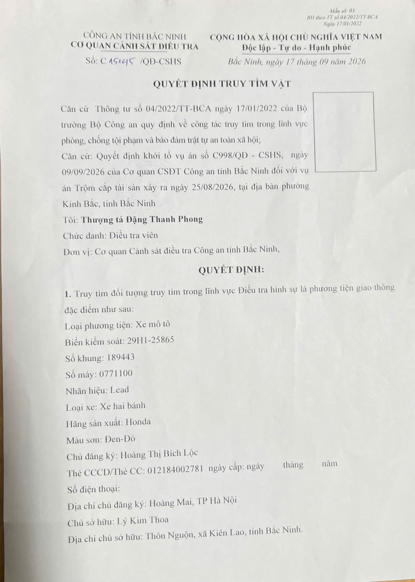 Cơ quan Cảnh sát điều tra Công an thành phố Bắc Ninh thông báo truy tìm vật