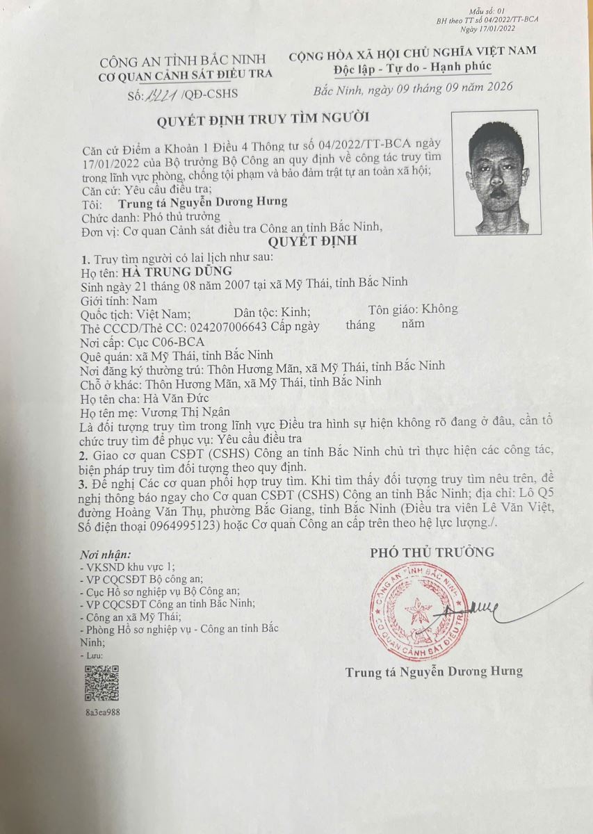 Cơ quan Cảnh sát điều tra Công an thành phố Bắc Ninh thông báo truy tìm người