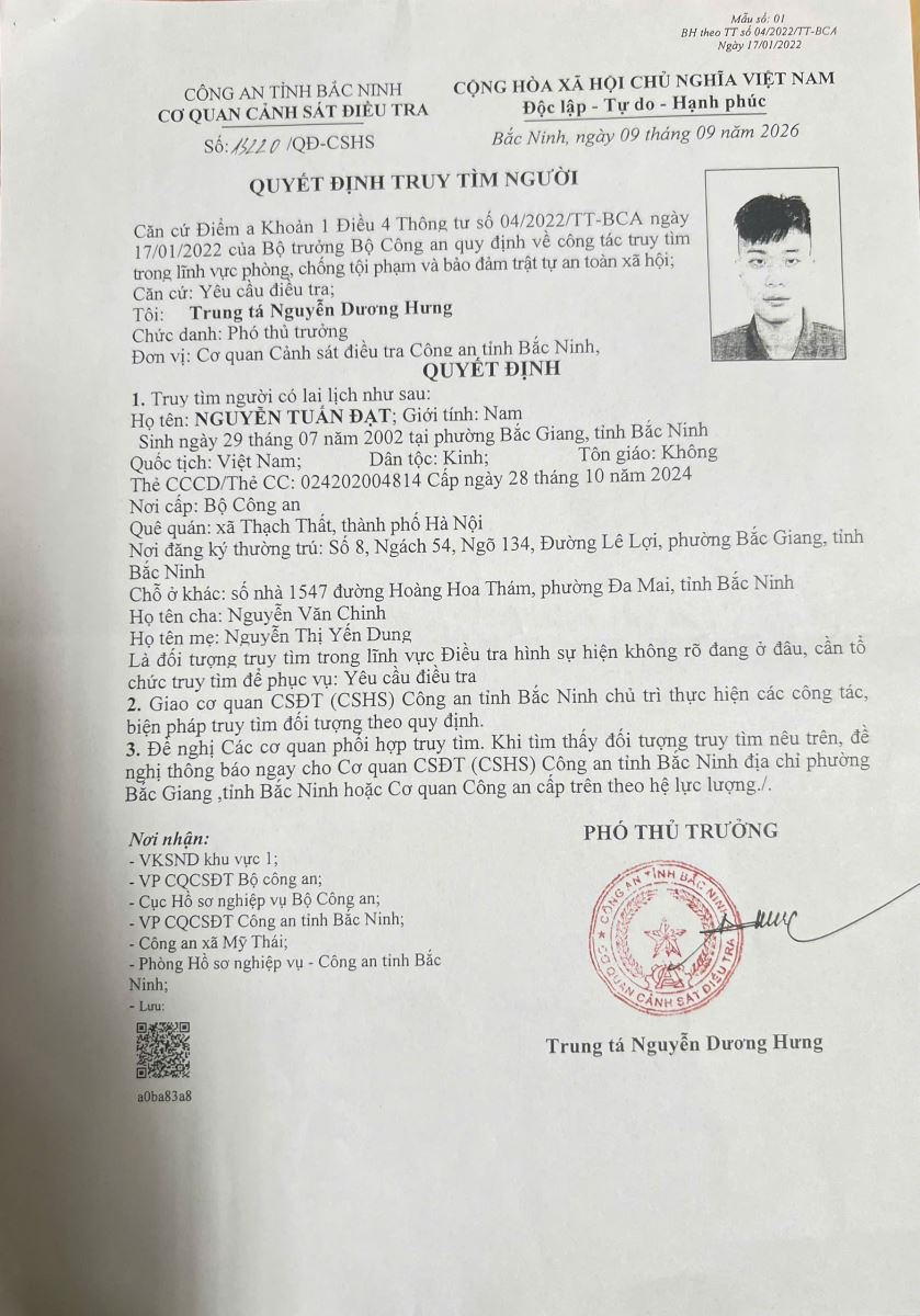 Cơ quan Cảnh sát điều tra Công an thành phố Bắc Ninh thông báo truy tìm người